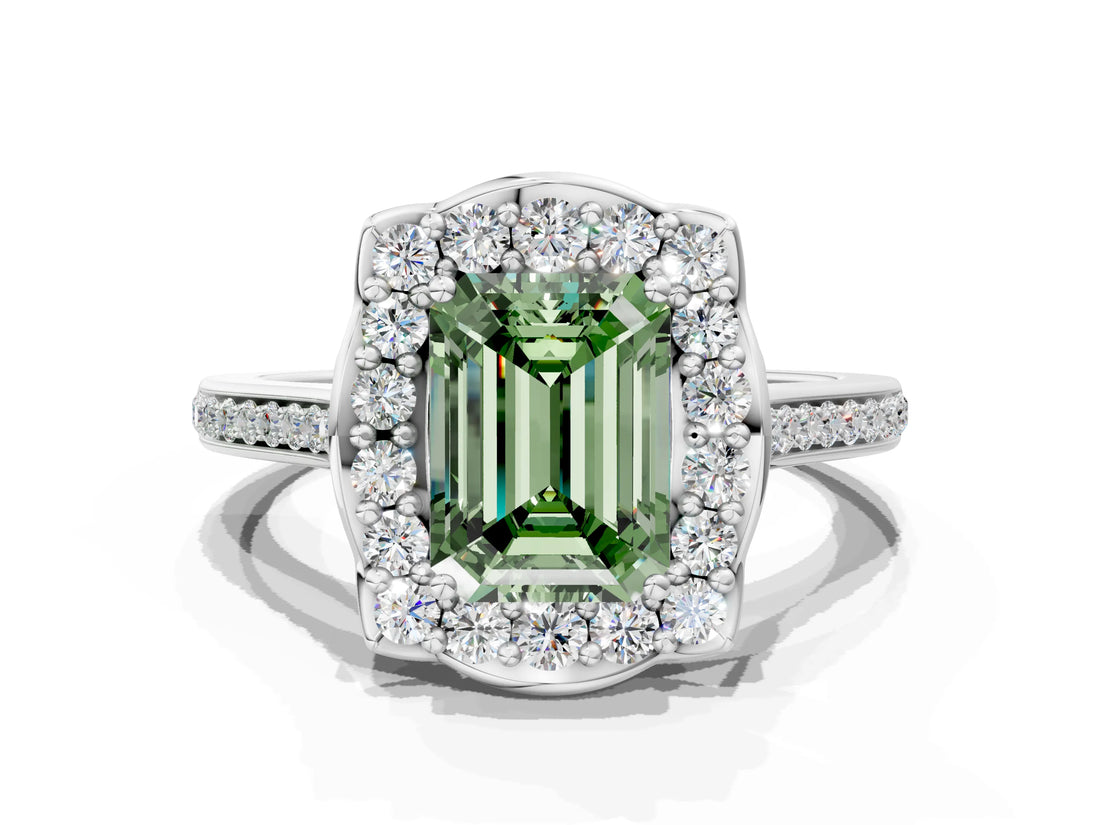 White gold Fancy Green Emerald  Halo Round Diamond Pave Band with Four-Prong Setting_50