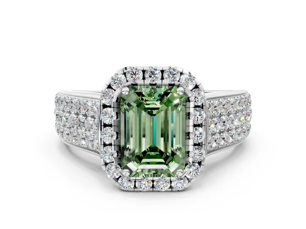 White gold Fancy Green Emerald  Halo Round Diamond Pave Band with Prong Setting