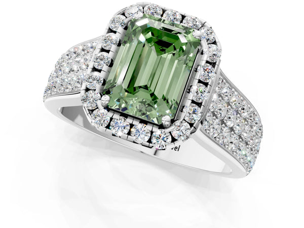 White gold Fancy Green Emerald  Halo Round Diamond Pave Band with Prong Setting