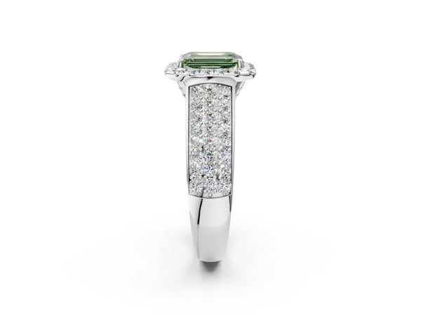 White gold Fancy Green Emerald  Halo Round Diamond Pave Band with Prong Setting