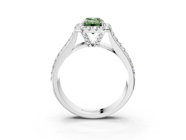 White gold Fancy Green Emerald  Halo Round Diamond Pave Band with Prong Setting