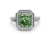 White gold Fancy Green Emerald  Halo Solitaire Diamond Ring with Pave Band and Bezel Setting_49