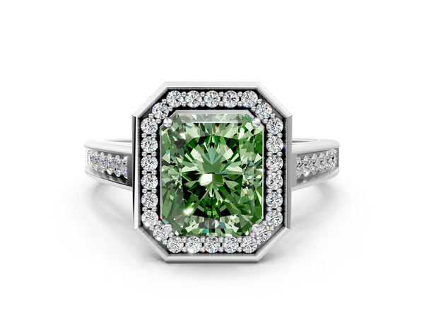 Platinum Fancy Green Emerald  Halo Solitaire Diamond Ring with Pave Band and Bezel Setting