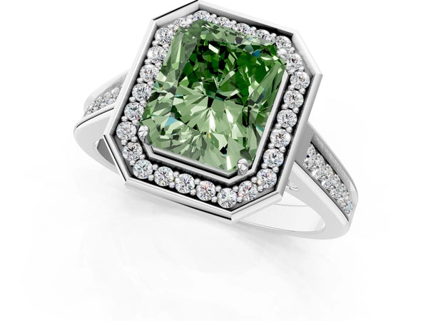 Platinum Fancy Green Emerald  Halo Solitaire Diamond Ring with Pave Band and Bezel Setting