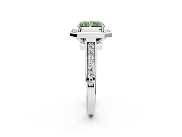 Platinum Fancy Green Emerald  Halo Solitaire Diamond Ring with Pave Band and Bezel Setting