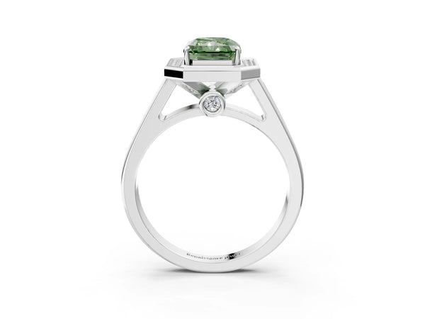 Platinum Fancy Green Emerald  Halo Solitaire Diamond Ring with Pave Band and Bezel Setting
