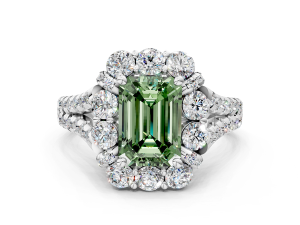White gold Fancy Green Emerald  Halo Split Shank Diamond Engagement Ring with Pave Band and Four-Prong Setting