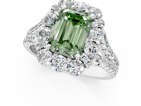 White gold Fancy Green Emerald  Halo Split Shank Diamond Engagement Ring with Pave Band and Four-Prong Setting