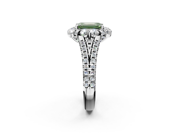 White gold Fancy Green Emerald  Halo Split Shank Diamond Engagement Ring with Pave Band and Four-Prong Setting
