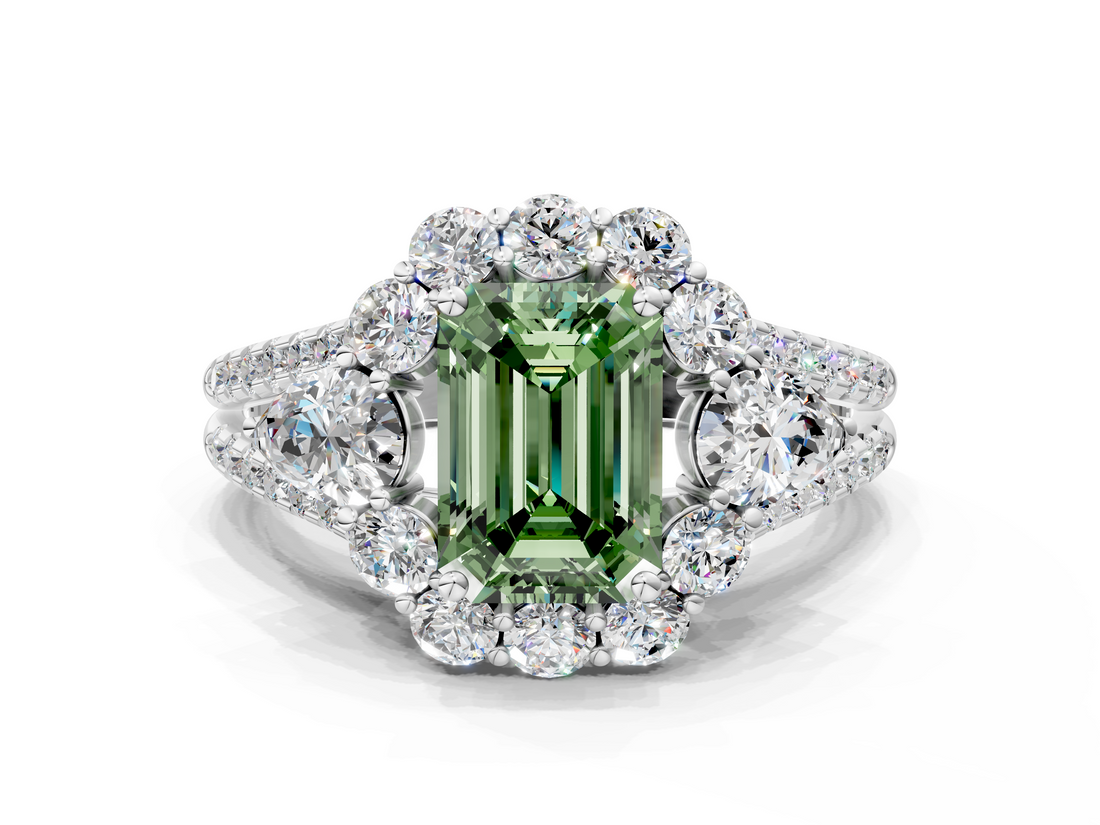 White gold Fancy Green Emerald  Halo Split Shank Diamond Engagement Ring with Prong Setting_20