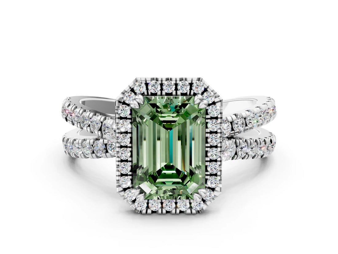 White gold Fancy Green Emerald  Halo Split Shank Diamond Ring with Pavé Setting_26