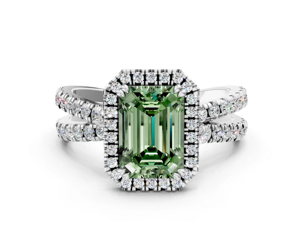 Platinum Fancy Green Emerald  Halo Split Shank Diamond Ring with Pavé Setting