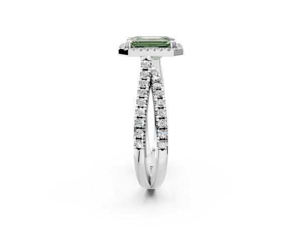 Platinum Fancy Green Emerald  Halo Split Shank Diamond Ring with Pavé Setting
