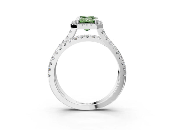 Platinum Fancy Green Emerald  Halo Split Shank Diamond Ring with Pavé Setting