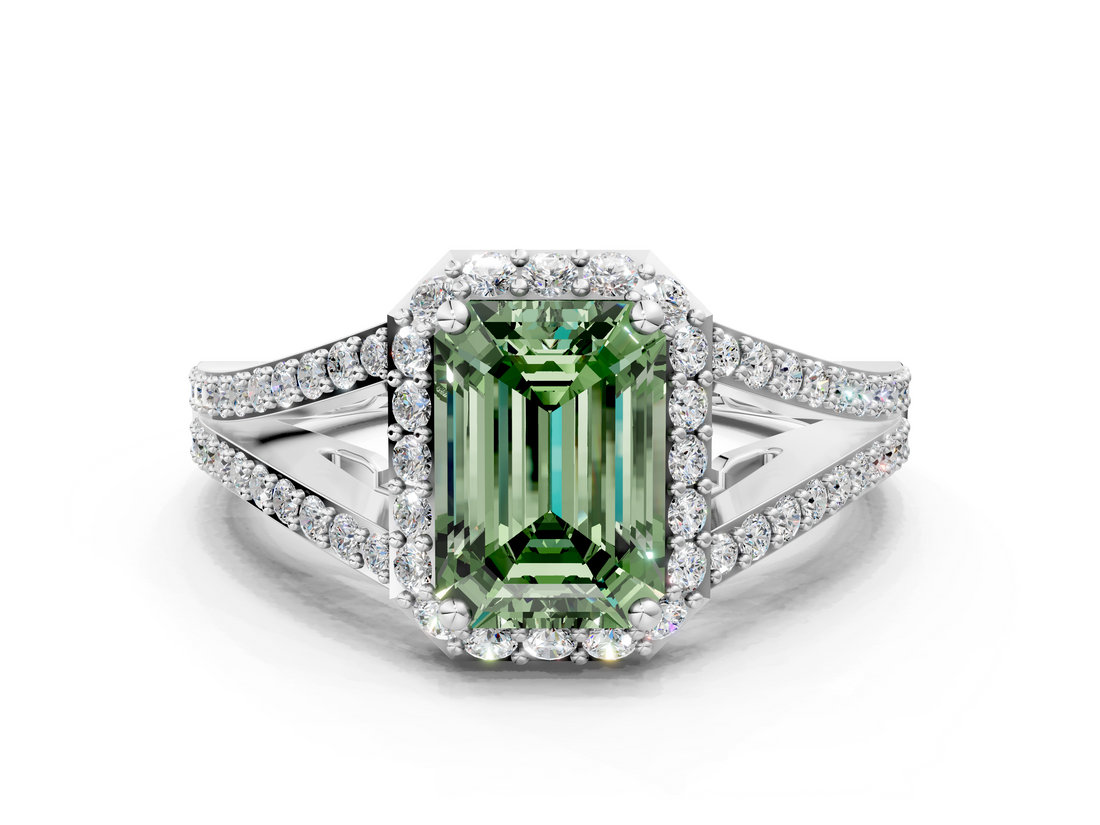 White gold Fancy Green Emerald  Halo Split Shank Diamond Ring with Prong Setting_20
