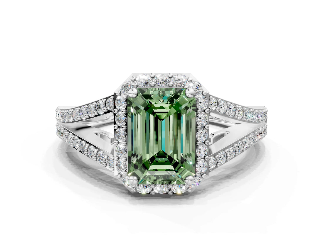 White gold Fancy Green Emerald  Halo Split Shank Pave Diamond Ring with Four-Prong Setting_50