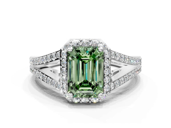 Platinum Fancy Green Emerald  Halo Split Shank Pave Diamond Ring with Four-Prong Setting