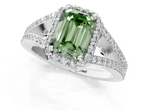 Platinum Fancy Green Emerald  Halo Split Shank Pave Diamond Ring with Four-Prong Setting