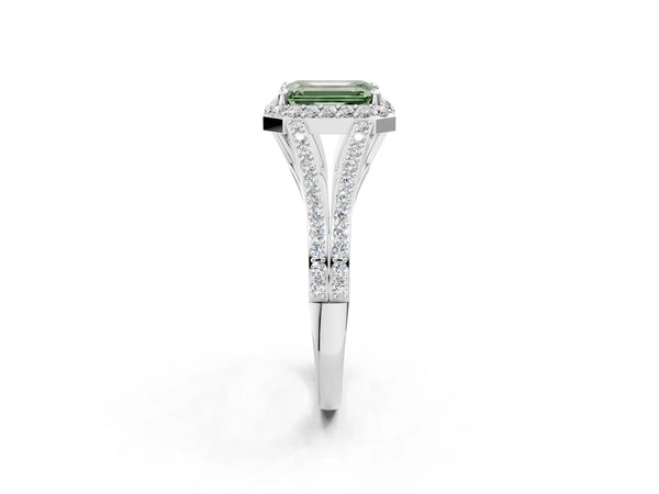 Platinum Fancy Green Emerald  Halo Split Shank Pave Diamond Ring with Four-Prong Setting