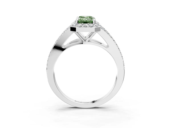 Platinum Fancy Green Emerald  Halo Split Shank Pave Diamond Ring with Four-Prong Setting