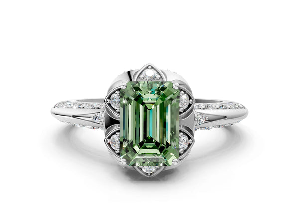 White gold Fancy Green Emerald  Halo Split Shank Pave Diamond Ring with Petal Prong Setting