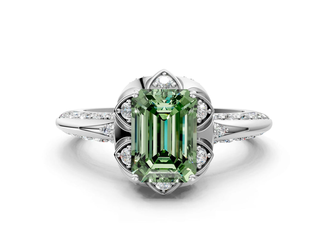 White gold Fancy Green Emerald  Halo Split Shank Pave Diamond Ring with Petal Prong Setting_32