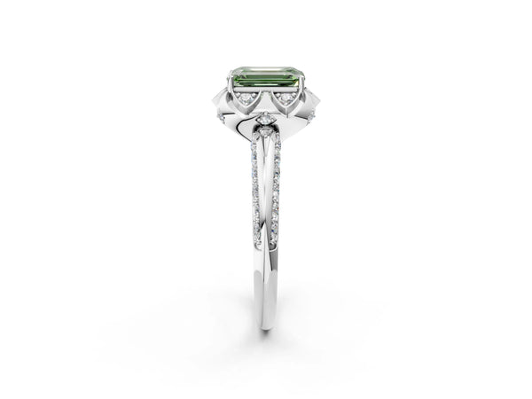 White gold Fancy Green Emerald  Halo Split Shank Pave Diamond Ring with Petal Prong Setting