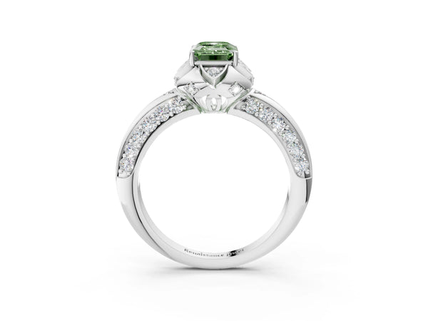 White gold Fancy Green Emerald  Halo Split Shank Pave Diamond Ring with Petal Prong Setting