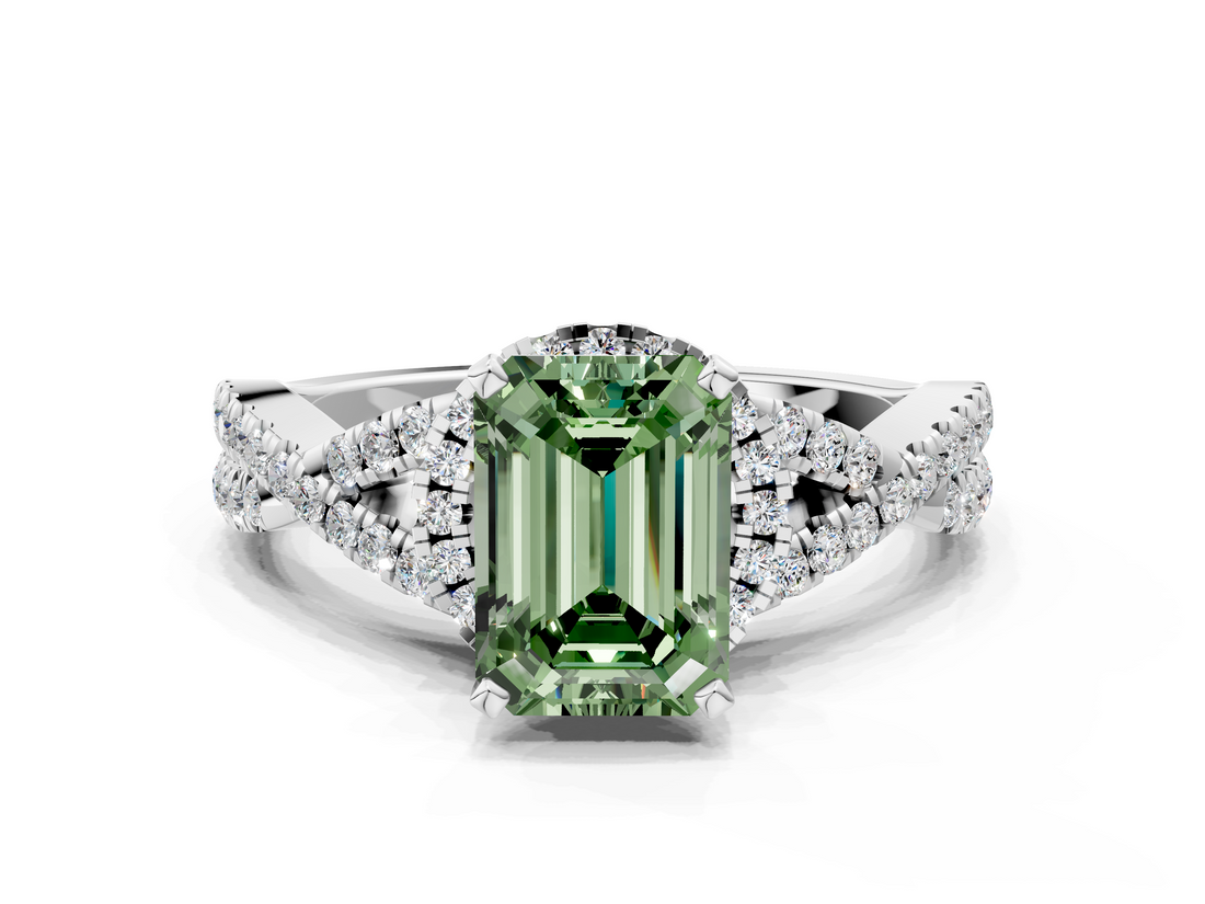 White gold Fancy Green Emerald  Halo Twist Band Solitaire Prong Setting Ring_81