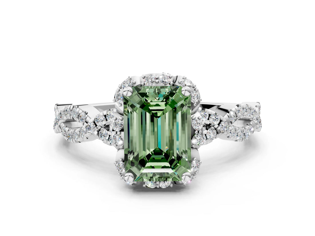 White gold Fancy Green Emerald  Halo Twist Band Solitaire Ring with Six-Prong Setting_32