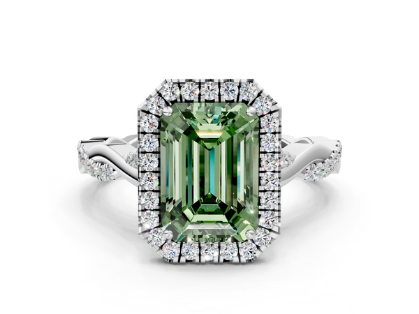 White gold Fancy Green Emerald  Halo Twist Band Solitaire Ring