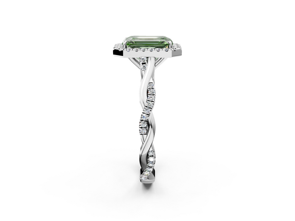 White gold Fancy Green Emerald  Halo Twist Band Solitaire Ring