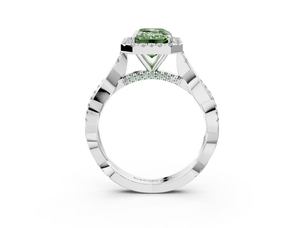 White gold Fancy Green Emerald  Halo Twist Band Solitaire Ring