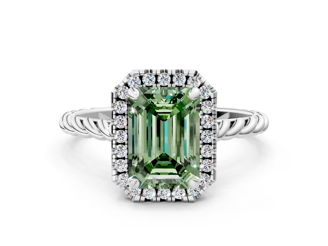 White gold Fancy Green Emerald  Halo Twisted Band Four-Prong Diamond Ring_20