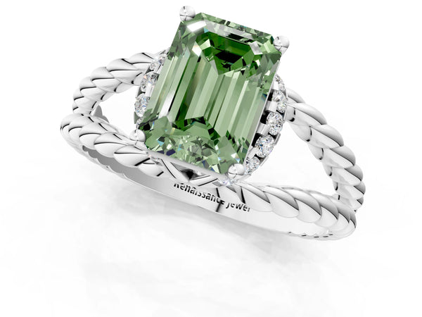 Platinum Fancy Green Emerald  Halo Twisted Band Four-Prong Ring
