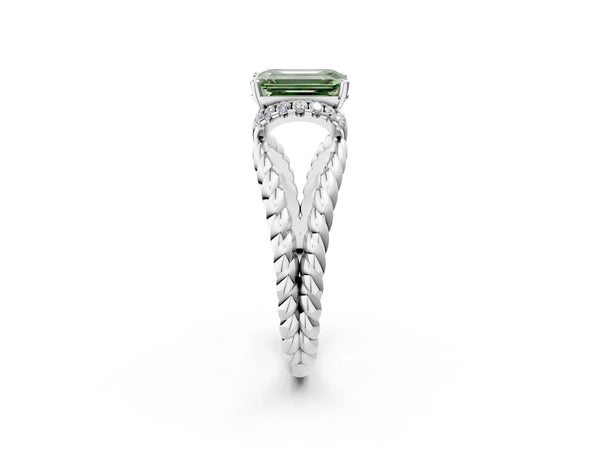 Platinum Fancy Green Emerald  Halo Twisted Band Four-Prong Ring