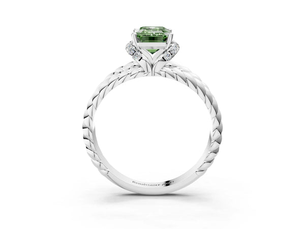Platinum Fancy Green Emerald  Halo Twisted Band Four-Prong Ring