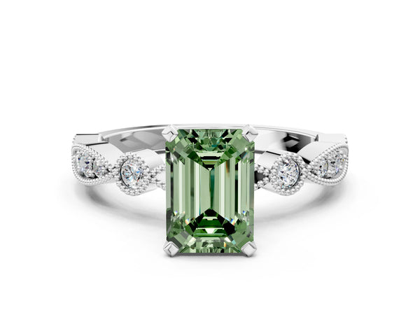 White Gold Emerald Cut Milgrain Bezel Engagement Ring Setting for Fancy Green Center
