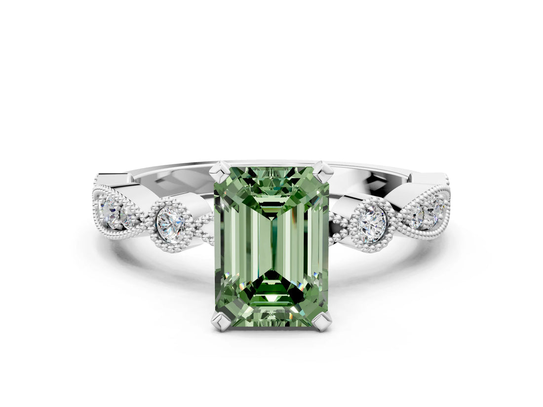 White gold Fancy Green Emerald  Milgrain Bezel Diamond Engagement Ring with Solitaire Prong Setting_192