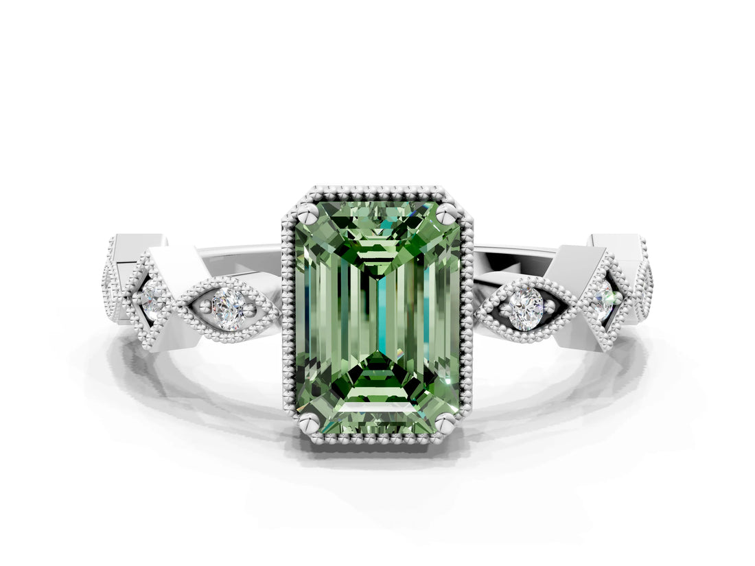 White gold Fancy Green Emerald  Milgrain Marquise Diamond Twist Band Ring_62