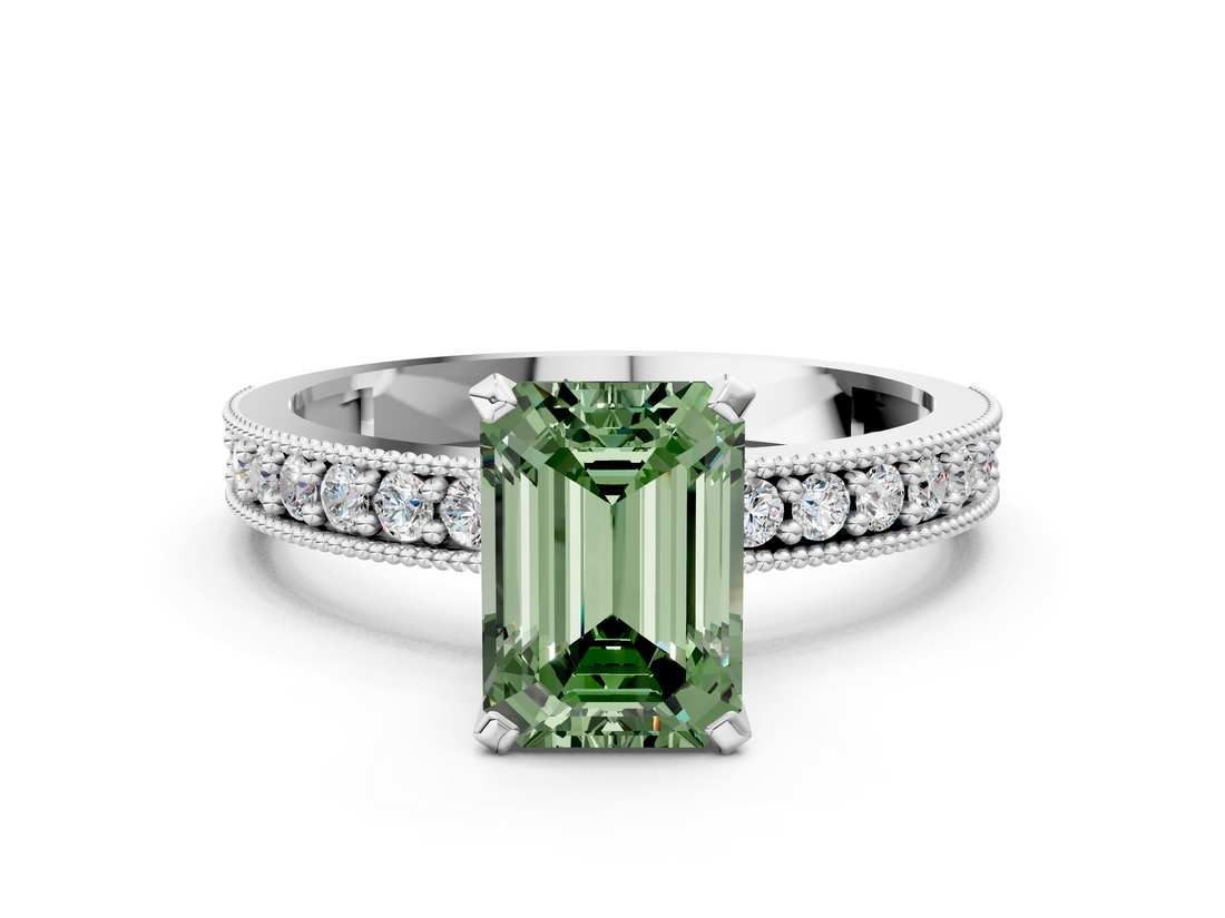 White gold Fancy Green Emerald  Milgrain Pave Diamond Engagement Ring with Four-Prong Setting_193