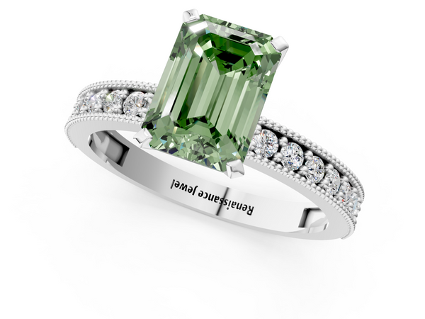 White gold Fancy Green Emerald Cut Diamond Milgrain Pavé Engagement Ring with Four-Prong Setting