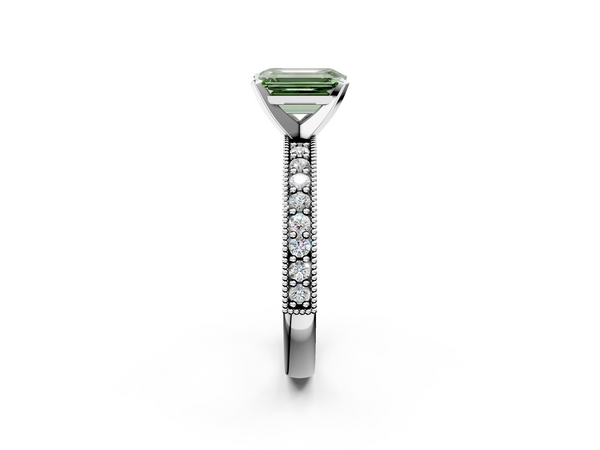 White gold Fancy Green Emerald Cut Diamond Milgrain Pavé Engagement Ring with Four-Prong Setting