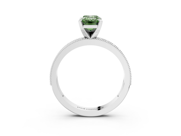 White gold Fancy Green Emerald Cut Diamond Milgrain Pavé Engagement Ring with Four-Prong Setting
