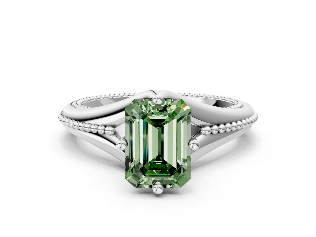 White gold Fancy Green Emerald  Solitaire Beaded Band Six-Prong Setting