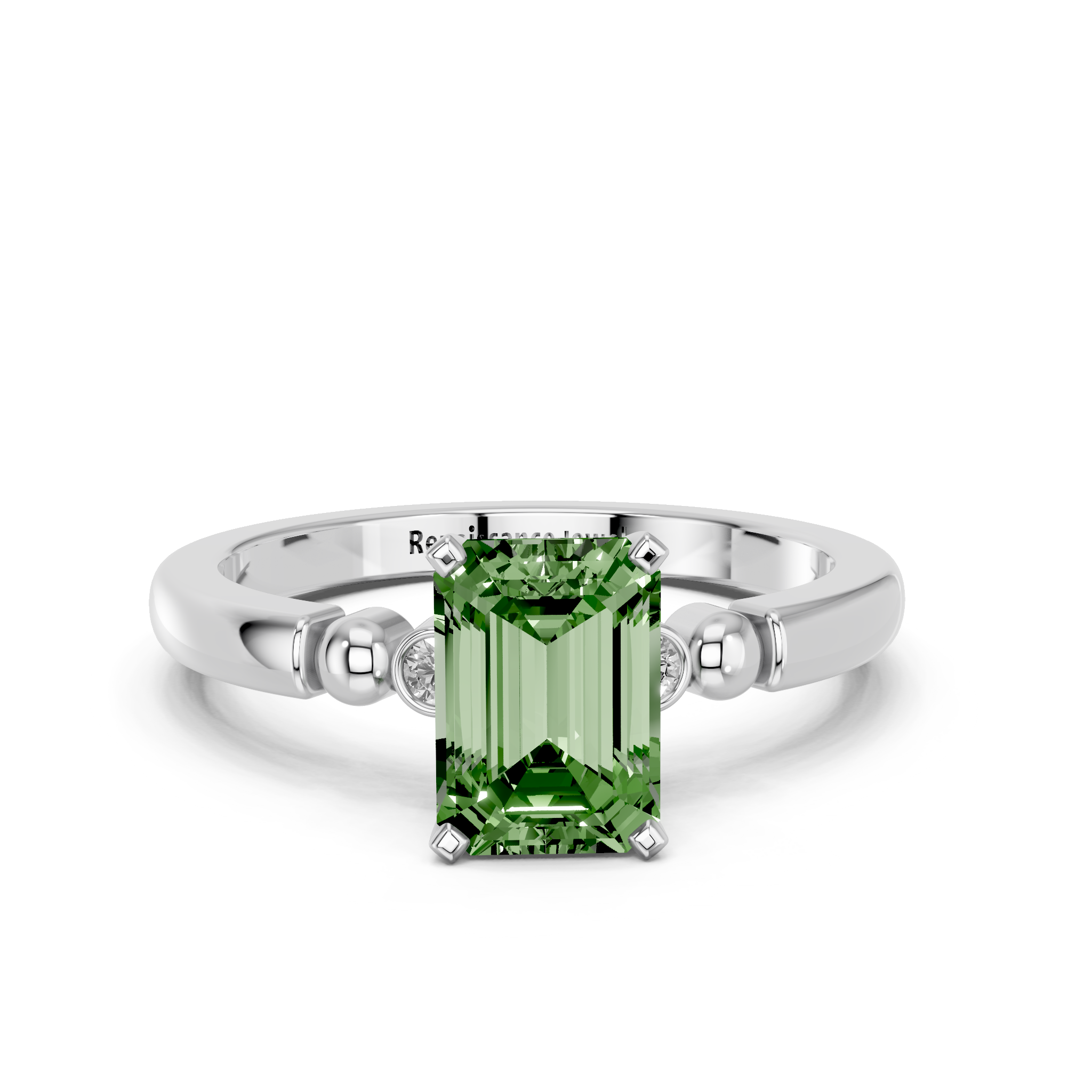 White gold Fancy Green Emerald  Solitaire Beaded Band with Four-Prong Setting_11