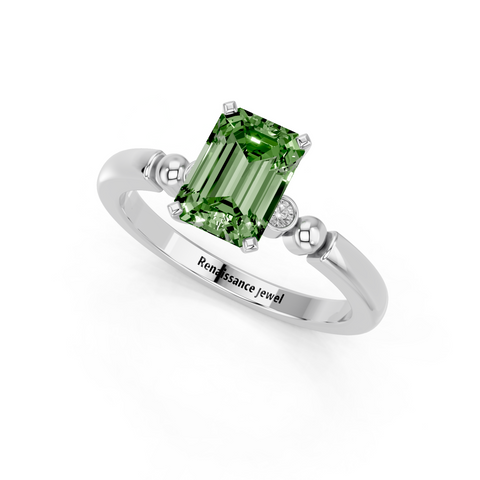 White gold Fancy Green Emerald  Solitaire Beaded Band with Four-Prong Setting_3