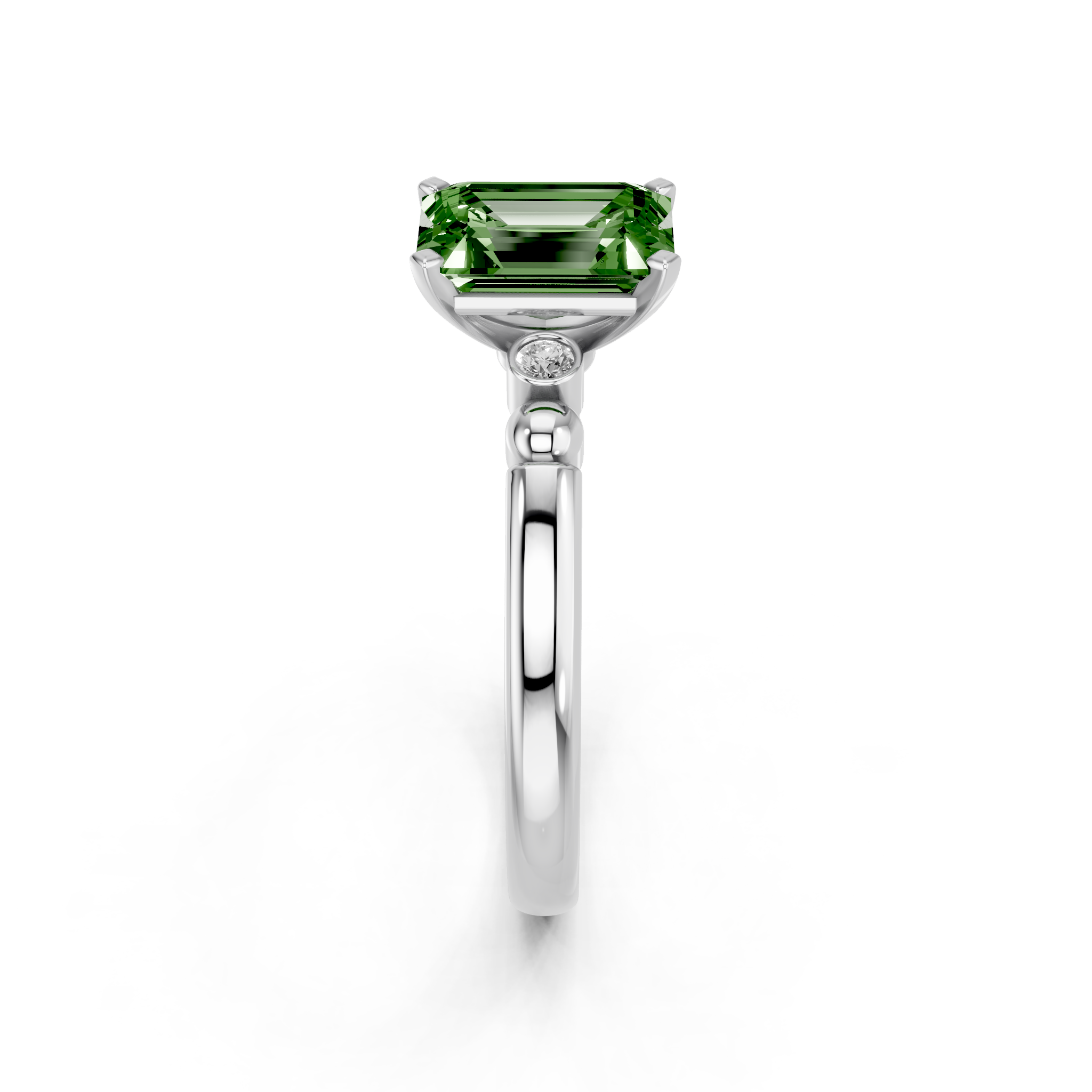White gold Fancy Green Emerald  Solitaire Beaded Band with Four-Prong Setting_4