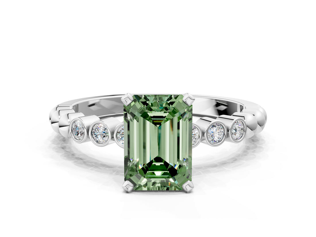 White gold Fancy Green Emerald  Solitaire Bezel Accent Diamond Engagement Ring with Beaded Band and Four-Prong Setting_53