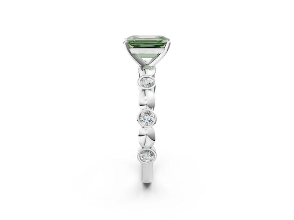 Platinum Emerald Cut Engagement Ring Setting for Fancy Green Center with Bezel Station Beaded Band